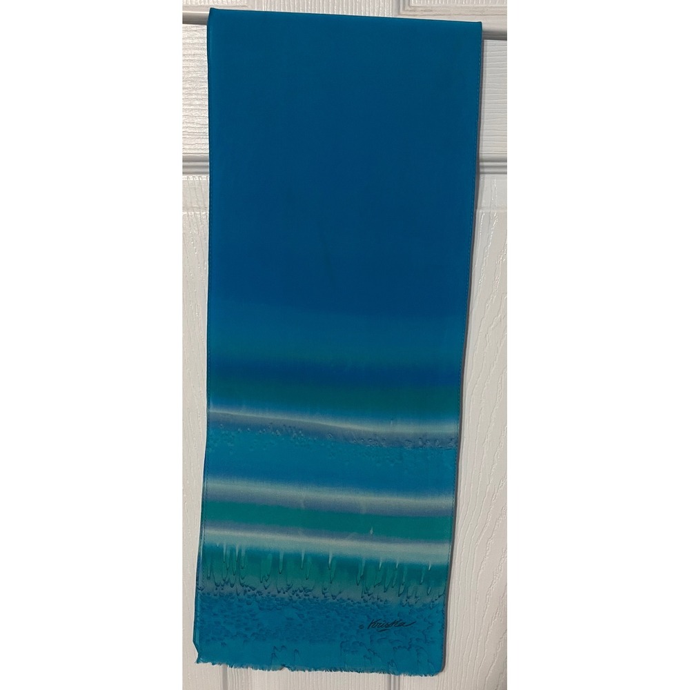Krisna Hand Painted Blue Turquoise Teal Abstract Fringe Silk Scarf Artwear 8x42
